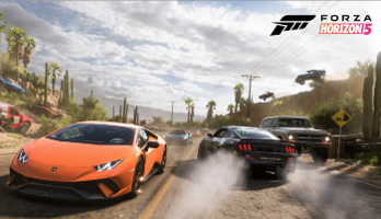 Forza Horizon 5. An orange sports car drives and two cars travel in the opposite direction.